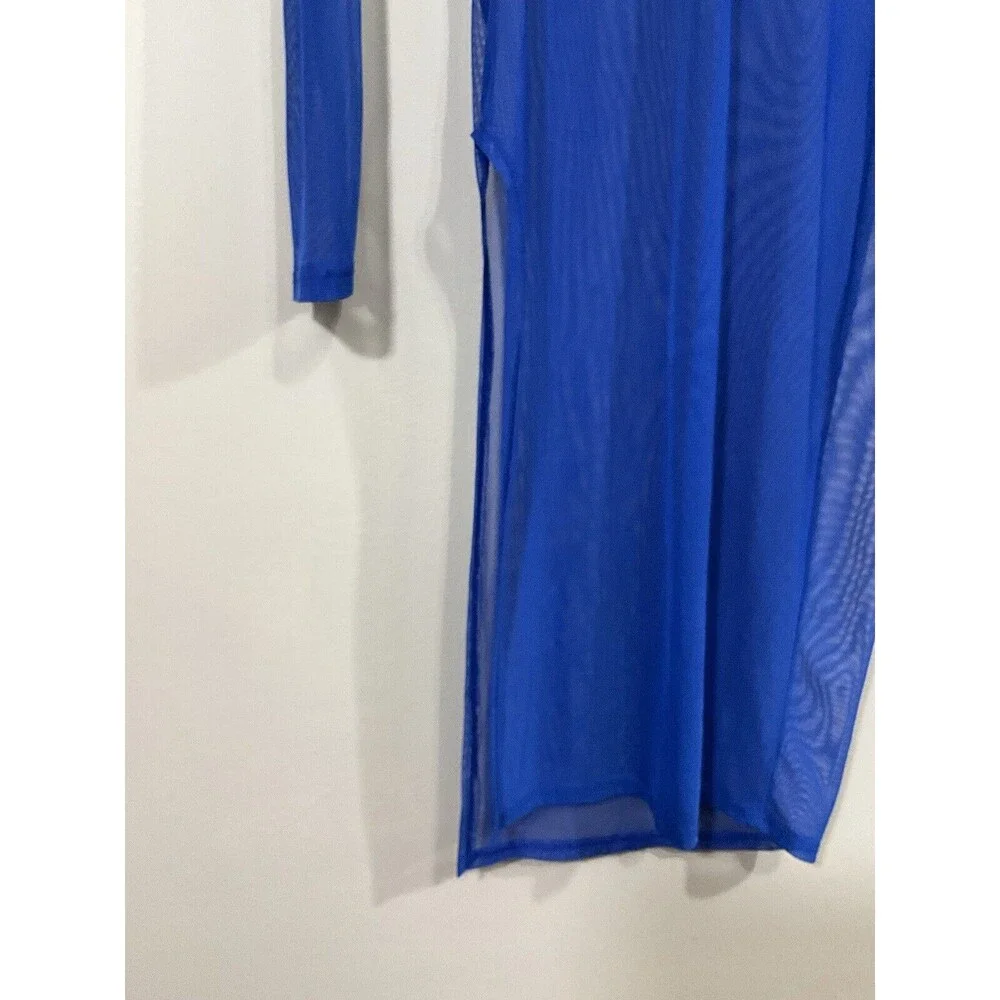WTD Womens Sheer Mesh Midi Dress M Blue Side Slit Mock Neck Club Rave Party